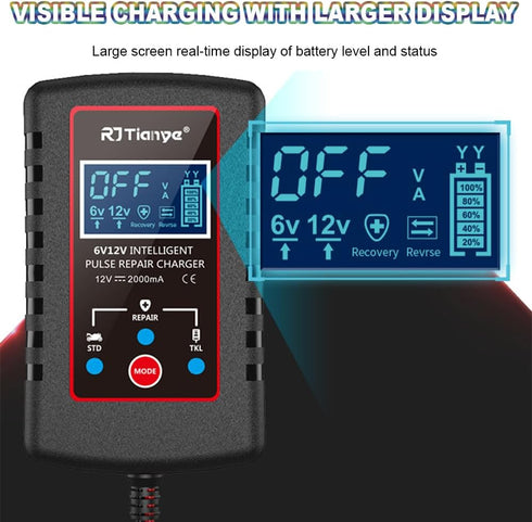 B-Qtech Upgraded 2Amp Car Battery Trickle Charger 6V/12V Smart Fully Automatic 3 Mode Battery Charger Maintainer, Battery Desulfator for Lawn Mowe...