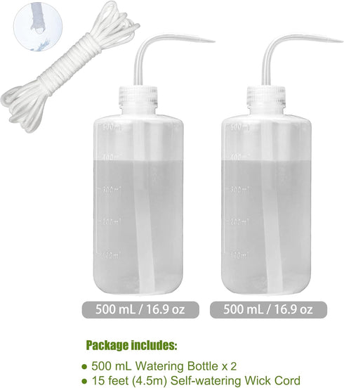 ORIMERC 2 Pack 500mL Watering Bottle with 15 feet Self Watering Wick Cord for Indoor Plants Succulent Cactus Plastic Squeeze Water Can Long Nozzle...