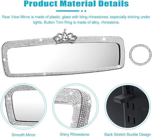 Bling Rhinestone Rear View Mirror Cover, Car Rear View Mirror with Crystal Diamonds Bling Rhinestones Car Rear View Mirror Car Interior Trim(White...