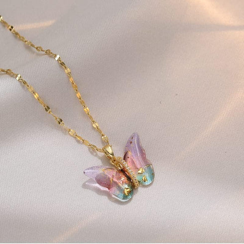 Butterfly Necklace for Women - Fairy Cubic Zirconia Butterfly Pendant Necklaces Titanium Steel (Gold Pink)...