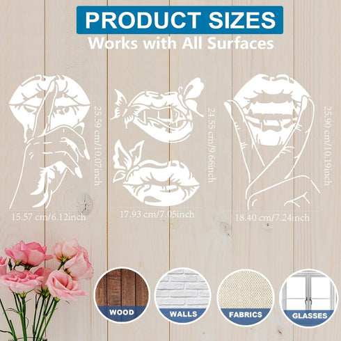 3pcs Lips Butterfly Fingers Stencils 11.7×8.3inch Large Kiss Lips DIY Stencil with Paint Brush Reusable Red Lip Lipstick Mouth Template for Wood C...