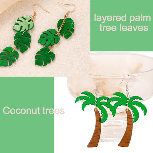 6 Pairs Tropical Earrings for Women Coconut Palm Leaf Dangle Earrings Green Plant Pineapple Flamingo Hawaiian Earrings...