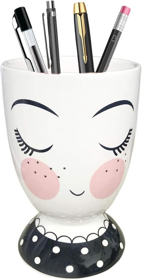 Makeup Brush Holder Decorative Make Up Brush Holder Ceramic Face Pen Holder Cute Stand Cosmetics Holder Organizer Pencil Cup Ceramic (black collar...