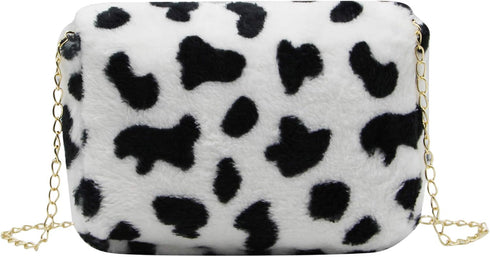 Women Faux Fur Shoulder Bag Fluffy Plush Handbag Leopard Cow Print Clutch Wallet with Chain Strap for Girls Ladies...