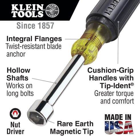 Klein Tools 630M Tool Set, Made in USA, Magnetic Nut Driver Set with Nut Driver Sizes 1/4 and 5/16-Inch, 3-Inch Hollow Shaft, Cushion Grips, 2-Pie...