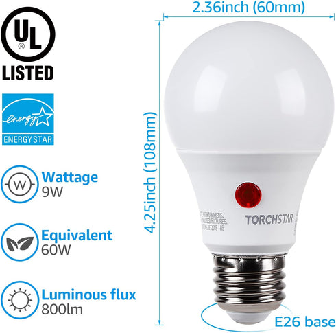 TORCHSTAR Dusk to Dawn Light Bulbs Outdoor, Sensor A19 LED Light Bulb, Auto on/off Photocell Automatic for Outdoor Lighting, 5000K, Pack of 4...