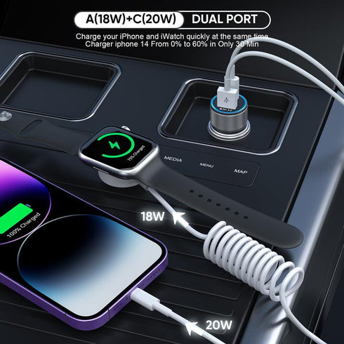 38W Apple Watch Car Charger,Long 6FT PD&QC3.0 Dual Port Apple Car Charger Adapter 6Foot USB-C to Lightning Cable+Apple Watch Cord Fast Charging fo...