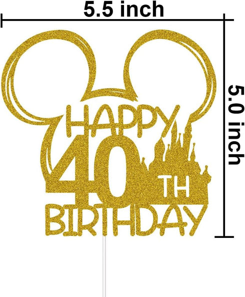 Mouse Inspired Castle Happy 40th Birthday Cake Topper, Cartoon Mouse Themed 40th Birthday Party Decorations, Gold Glitter...