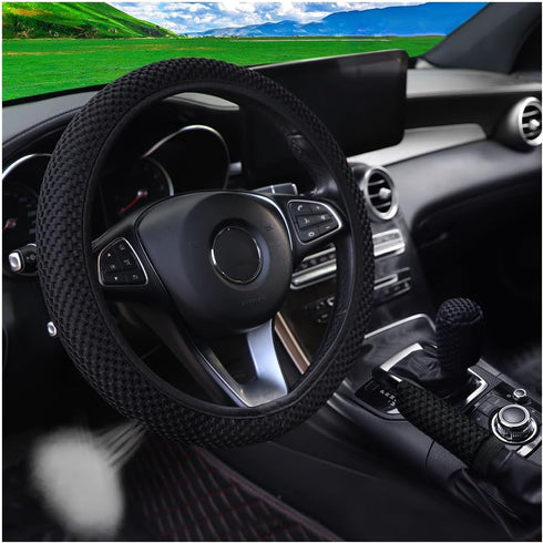 3PCS 15Inch Car Steering Wheel Cover Armrest Cover Gear Shift Cover Set, Microfiber Breathable Anti-Slip Automotive Steering Wheel Protector, Vehi...