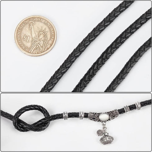 PH PandaHall 4.4 Yard 5mm Round Folded Bolo PU Braided Leather Cord Bolo Tie for Necklace Bracelet Jewelry Making Black...