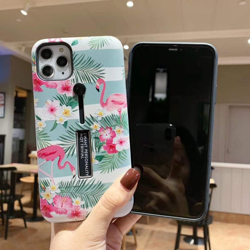 Compatible with iPhone 11 Pro Max Case Finger Grip,3D Embossed Flamingo Shell Design,Rugged Shockproof Slim Fit Dual Layer Finger Ring Loop Strap ...