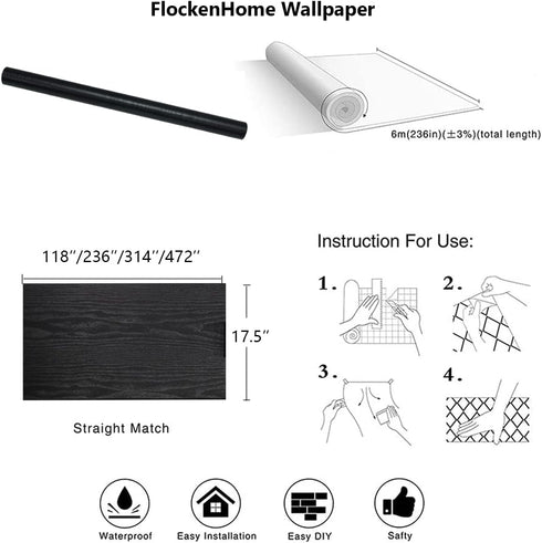 17.5" x 118" Black/White Wood Peel and Stick Wallpaper Self-Adhesive & Removable Wallpaper for Countertop Kitchen Wall Wood Plank Textured Vinyl R...