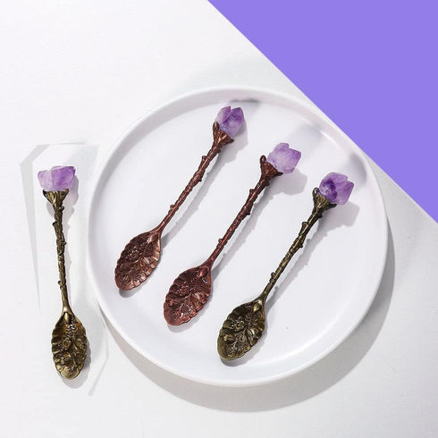 2pcs Retro Crystal Antique Spoon Coffee Spoon Tea Spoon,Amethyst Crystal Alloy Spoons,Mini Ice Cream Decorative Spoons, for Home Office...
