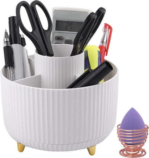 Makeup Brush Organizer,With A Stainless Steel Makeup Sponge Holder,360° Rotating Makeup Organizer,5 Slot Makeup Brushes Cup,Cosmetic Storage,Desk ...