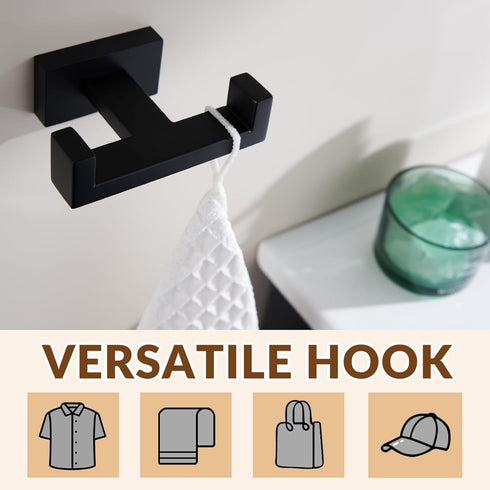 APLusee Double Robe Towel Hook, Stainless Steel Square Dual Coat Hook, Utility Bath Kitchen Storage Hanger Holder, Matte Black...