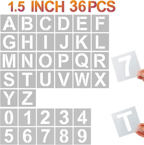 1.5 Inch Letter Stencils and Numbers, 36 Pcs Alphabet Art Craft Stencils, Reusable Plastic Art Craft Stencils for Wood, Wall, Fabric, Rock, Signag...