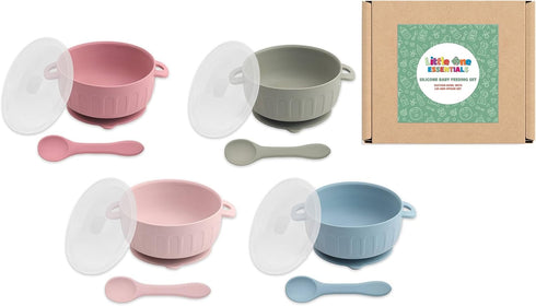 Little On Essentials Baby Silicone Feeding Set - Suction Bowl with Lid and Spoon, BPA Free, Microwave, Dishwasher and Freezer Safe, Rose Pink, 3pc...