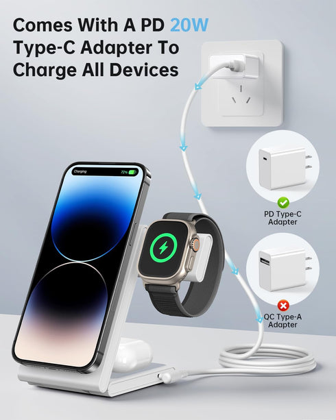 3 in 1 Foldable Magnetic Wireless Charging Station with PD 20W USB-C Adapter, Compatible with MagSafe, Magnetic Charger Stand for iPhone 15/14/13/...