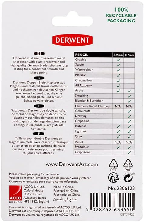 Derwent Twin Hole Pencil Sharpener, Black, 11.5mm & 8.25mm...