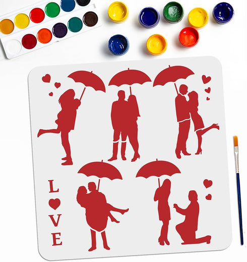 Couple Holding Umbrella Stencils 11.8×11.8inch Couple Love Drawing Painting Templates with Paint Brush Romantic Love Template for Wood Window Furn...