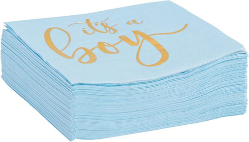 Sparkle and Bash 50 Pack It's a Boy Baby Shower Napkins - 5 x 5 in Blue & Gold Foil - 3-Ply Cocktail Table Napkins for Baby Boy Shower Decorations...