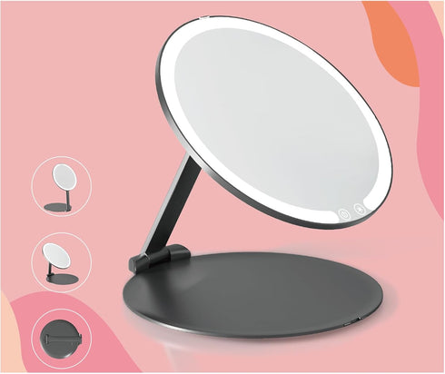 MILEDUO Rechargeable Travel Makeup Mirror with Lights, 6.3 inch Foldable Compact Mirror 850mAh Battery, 3 Color Light Touch Screen for Travel and ...