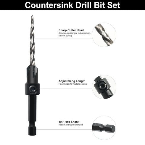 Countersink Drill Bit Set, 5Pcs Tapered Drill Bits M2 HSS, with 1/4" Hex Shank Quick Change and Allen Wrench, Counter Sinker Set for Woodworking a...