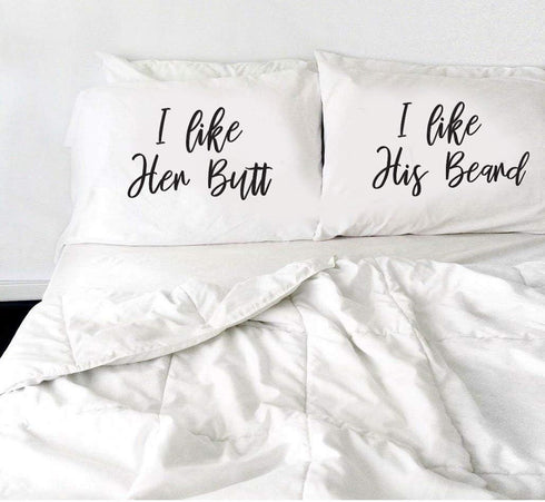 Signatives I Like her Butt I Like his Beard Pillow Cases - White Pillow Cover – Bedroom Decor - Set of 2 - Couples Pillowcases - Couples Gifts - P...