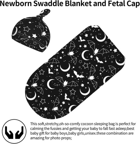 Halloween Baby Stuff Swaddle Blanket Hat Set for Boys Girls, Soft Bat Moon Newborn Sleeping Sack Receiving Blanket Shower Gift...