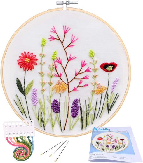 KISSBUTY Full Range of Embroidery Starter Kit with Pattern, Cross Stitch Kit Including Embroidery Fabric with Floral Pattern, Bamboo Embroidery Ho...