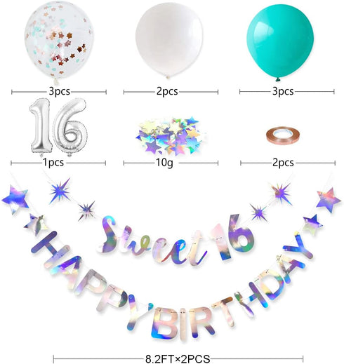 Iridescent Happy Birthday Banner Garland for Sweet 16 Decorations and Signs - 16th Birthday Party Sign for Sweet Sixteen Party Supplies...