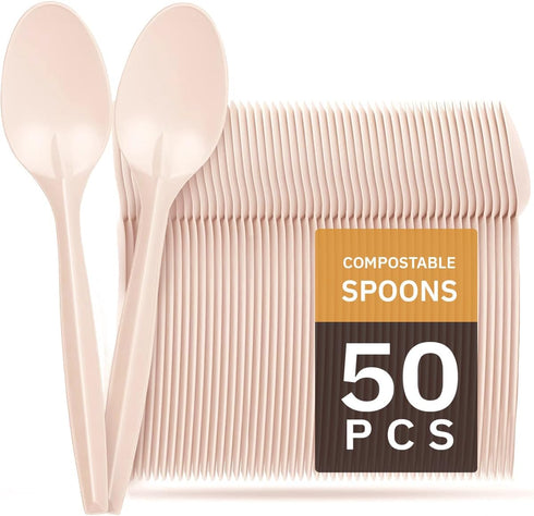 100% Eco Friendly Compostable Spoons Disposable Spoons Cornstarch Based 50 Large Disposable Utensils (6.7 in.) Durable and Heat Resistant Alternat...