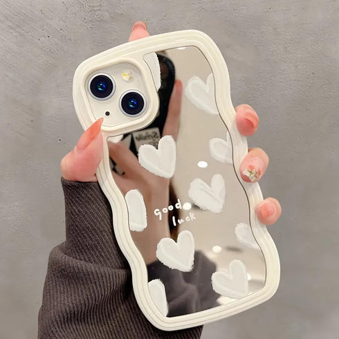 LSL Compatible with iPhone 13 case Cute Heart Mirror Curly Wave Frame Shape Slim Silicone Shockproof Protective Cover Case for iPhone 13 Women Gir...