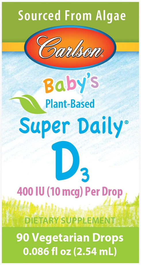 Carlson - Baby's Plant-Based Super Daily D3, Baby Vegetarian Liquid Vitamin D Drops, 400 IU (10 mcg) per Drop, Sourced from Algae, for Infants and...