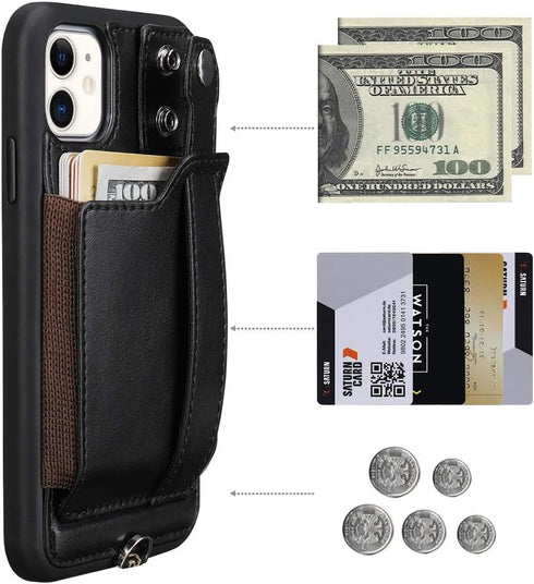 TOOVREN for iPhone 11 Wallet Lanyard Case Protective Cover with PU Leather Card Holder Adjustable Detachable Phone Lanyard Stand Strap for iPhone ...