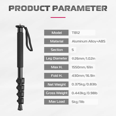 ULANZI TB12 Camera Monopod, 61" Aluminum Photography Monopod with 5-Section Height, Lightweight & Portable Camera Accessories, for Cameras Canon, ...