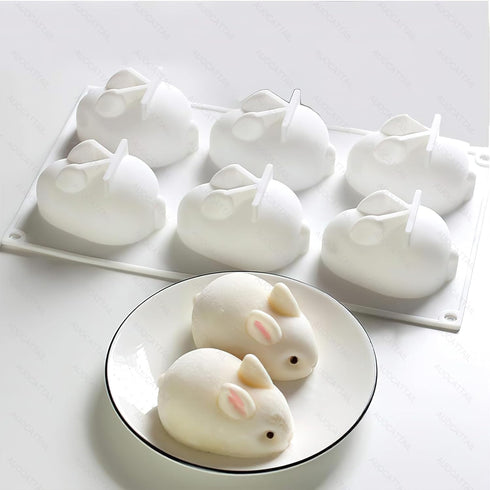 AUOCATTAIL 6 Cavity Easter Rabbit 3D Silicone Molds Rabbit Shape Silicone Baking Mold DIY Mousse Cake Pudding Jelly Dessert Fondant Cheesecake Soa...
