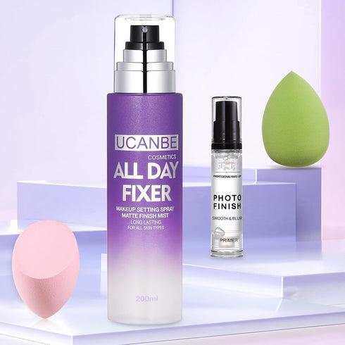 UCANBE Makeup Setting Spray + Face Primer + Make Up Sponge, Gel-Based Hydrating Primer, Lightweight, Long Lasting Matte Finishing Spray,Beauty Ble...