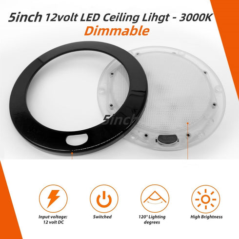 Dream lighting 12Volt RV LED Interior Light Fixture Black Shell Ceiling Downlight with Switch Warm White Lighting 300lm 5inch...