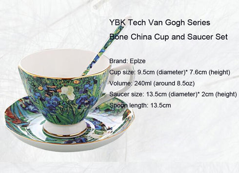 YBK Tech Bone China Cup and Saucer Set, 7oz Tea Cup - Design Inspired by Van Gogh's Paintings (Iris flower)...