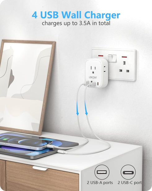 LENCENT US to UK Ireland Travel Plug Adapter, Grounded Type G Outlet Adaptor with 4 USB Charger(2 USB C), 4 Outlets Converter for USA to Dubai Sco...