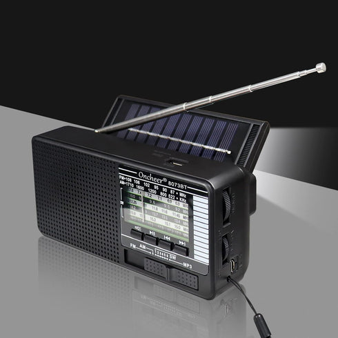 Portable FM/AM/SW Radio, Build-in Bluetooth Speaker, Powered by Rechargeable Battery with Solar Panel for Charging, Emergency LED light, Stretch A...