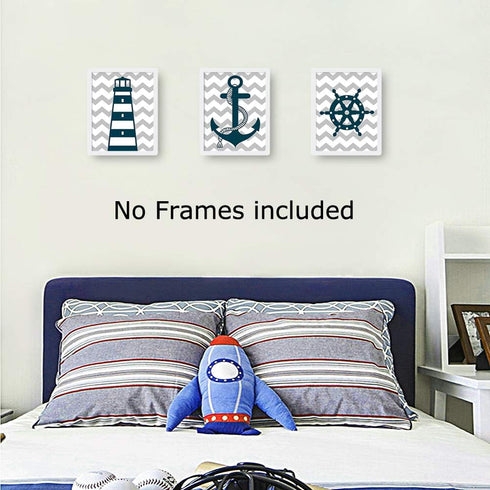 HPNIUB Blue Nautical Art Print Set Of 3 (8”X10”) Lighthouse Steering Wheel Anchor Navigation Print For Baby Boy, Nautical Themed Canvas Wall Art, ...