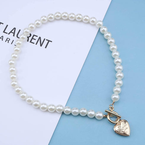 Vintage Pearl Choker Necklace Gold Circle T Bar Necklace Bohemia Heart Necklace Love Heart Pendant Necklace Chain Jewelry for Women and Girls (Hea...