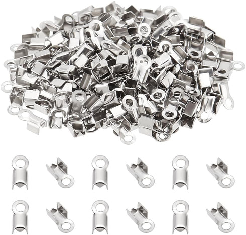 PH PandaHall About 200 Pcs 304 Stainless Steel Fold Over Cord Ends Terminators Crimp End Tips for Leather 4mm for Jewelry Making...