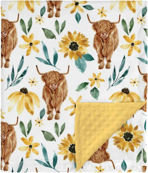 Highland Cow Sunflower Minky Baby Blanket Dotted Backing Girl Gift, Yellow Western Farm Animal Floral Double Layer Flannel Nursery Bed Blankets, S...