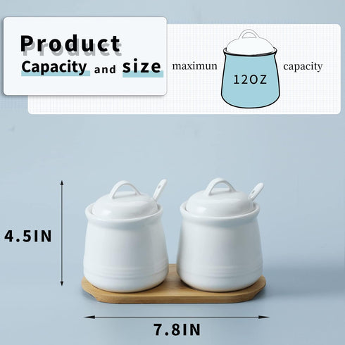 HAOTOP Ceramic Sugar Bowl 2 Pack, PorcelainJar with Tray, Spoon and Lid for Sugar, Pepper, Coffee, Spice, Salt, 12 Ounces (White)...