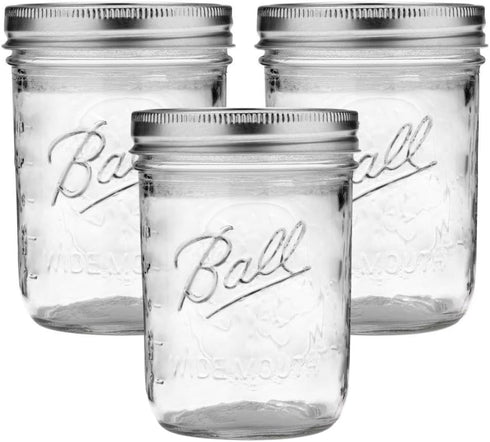 Ball Wide Mouth Glass Mason Jars with Lids and Bands, Used for Canning, Pickling, Juice, Jam, Jelly, Pint Size 16 Ounce (Pack of 3)...