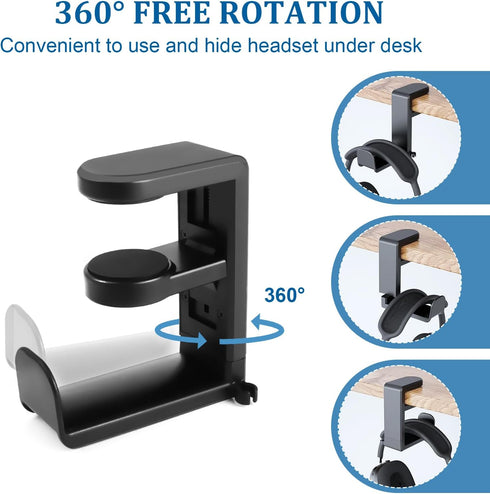 Headphone Holder Under Desk, Gaming Headset Headphone Hook Hanger Hook, Headphone Stand with 360-Degree Adjustable Rotating Arm Clamp- Built in Ca...