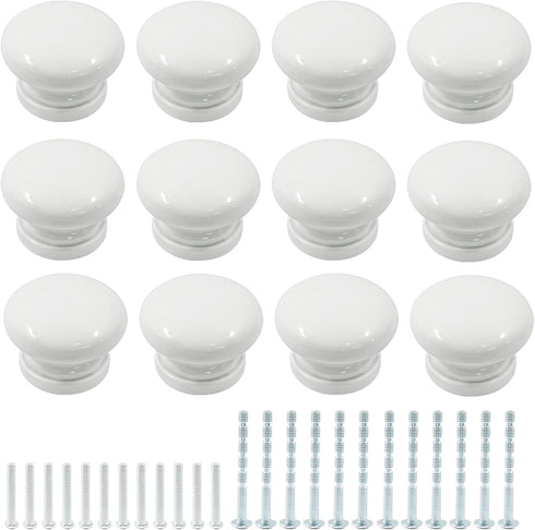 12 Packs Solid Wood Round Kitchen Cabinet Knobs, 1.34 Inch Diameter Wood Pulls, White Drawer Pulls, Dresser Drawer Handles Knobs...